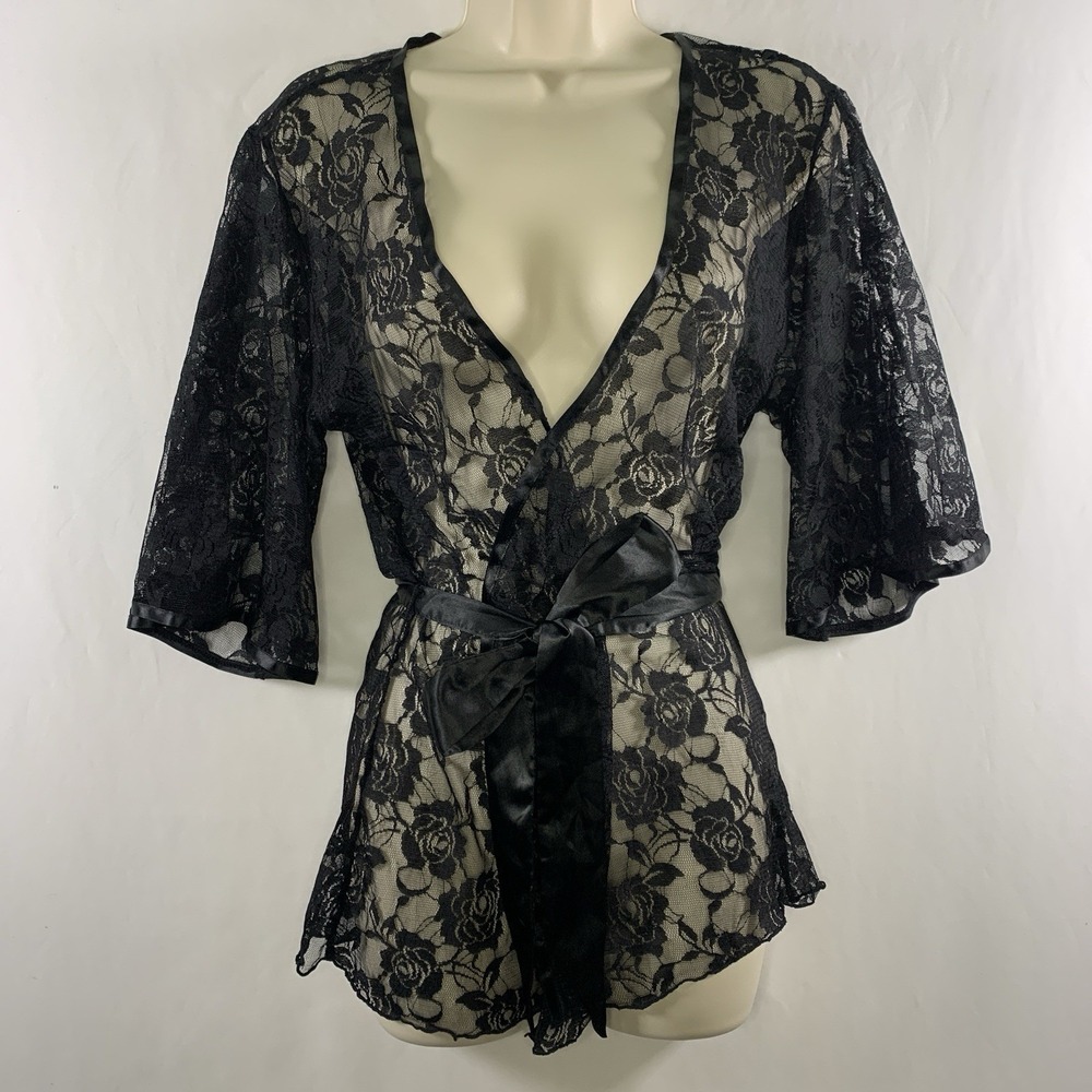 Y2K Whimsigoth Womens Sheer Lace Belted Tunic Top Sz M Black Dark Romantic Layer